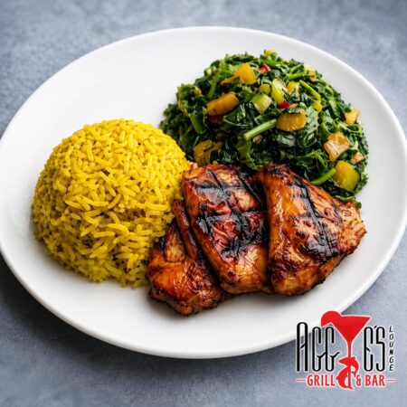Grilled chicken with fried rice & sauteed spinach