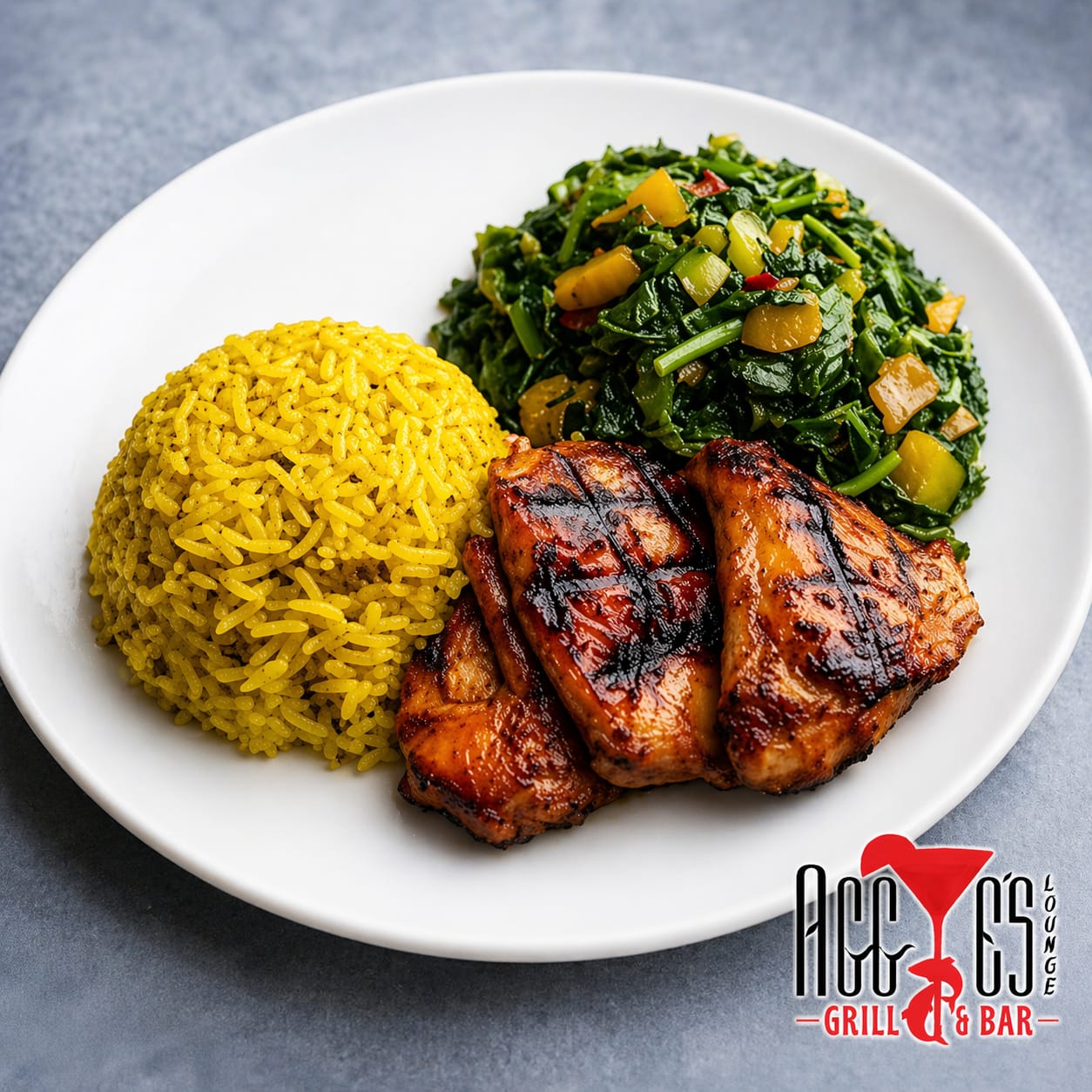 Grilled chicken with fried rice & sauteed spinach